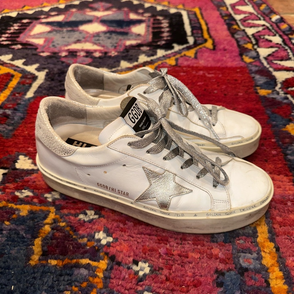 Golden Goose White Hi Star Leather Sneakers with Silver Star and Laces